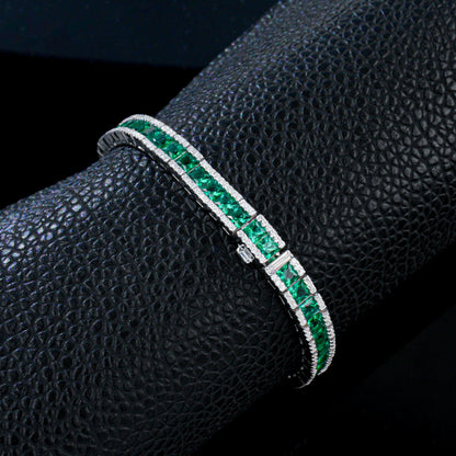 S925 Silver Step-Cut Lab Emerald Double-Side Dense-Set Bracelet, Jewellery - Photo 2