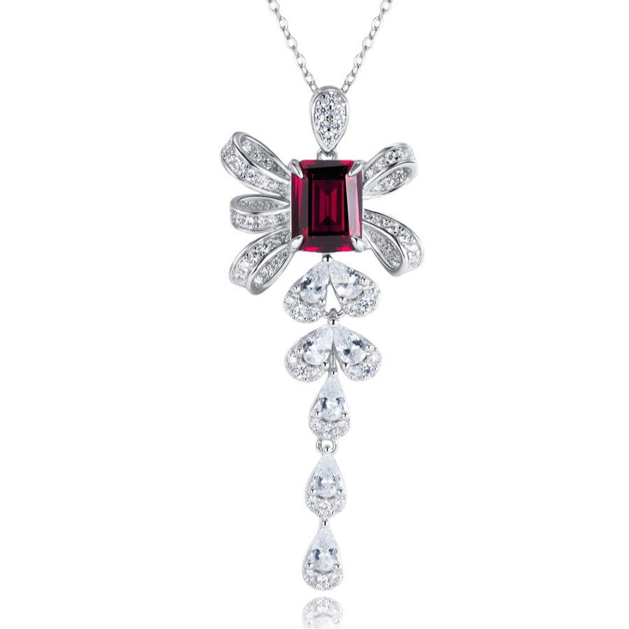 Bow Long Lab Pigeon Blood Ruby Necklace S925 Silver Choker Women - Photo 5