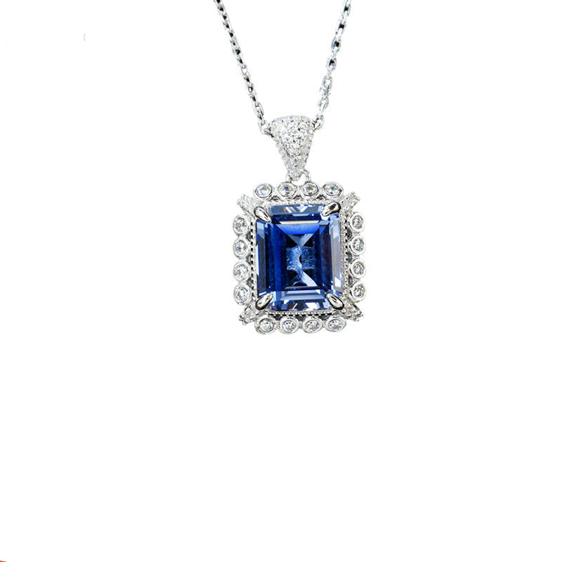 925 Sterling Silver Lab Sapphire Square Pave Choker Necklace, Elegant Versatile - Photo 1