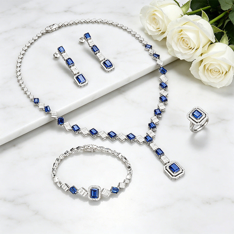 925 Sterling Silver Lab Sapphire 4-Piece Jewellery Set, Vintage Luxurious Wedding for Women - Photo 4