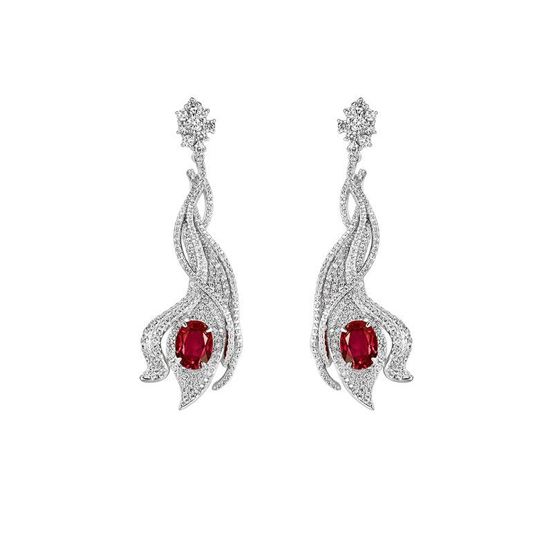 S925 Sterling Silver Lab Pigeon Blood Ruby Phoenix-Tail Pave Long Earrings, for Women - Photo 5