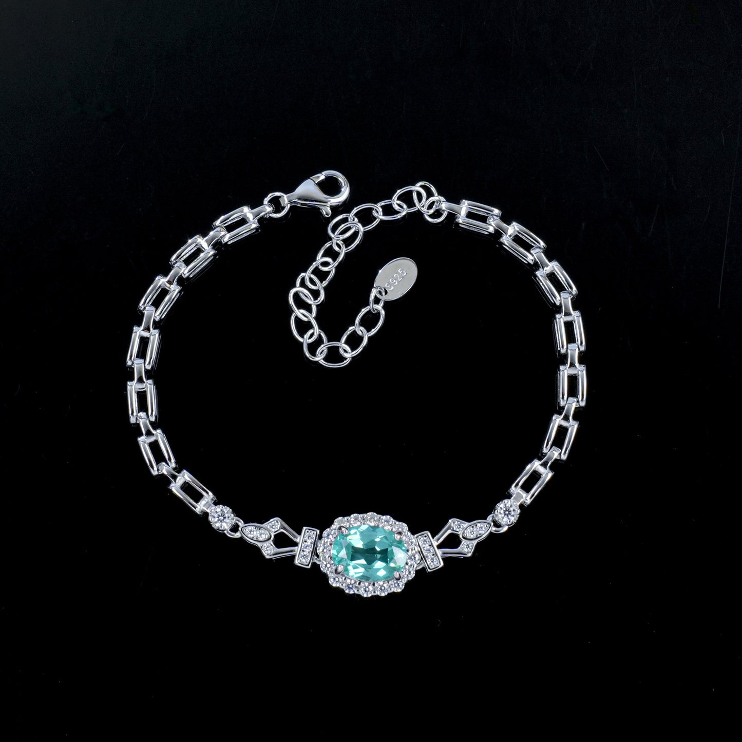 S925 Silver Oval Paraiba Tsavorite Bracelet, Full Diamond Halo - Photo 2