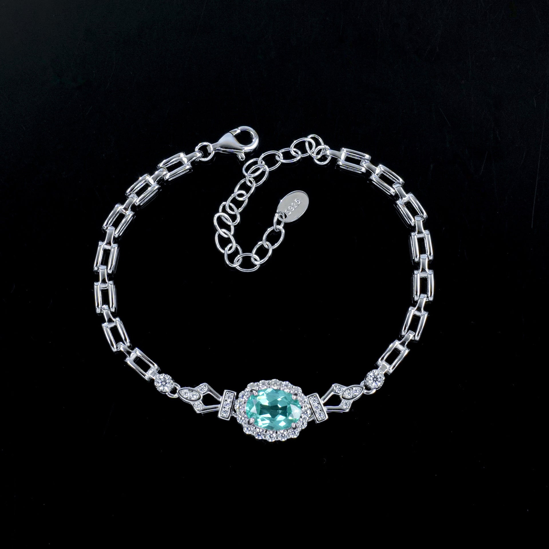 S925 Silver Oval Paraiba Tsavorite Bracelet, Full Diamond Halo - Photo 2