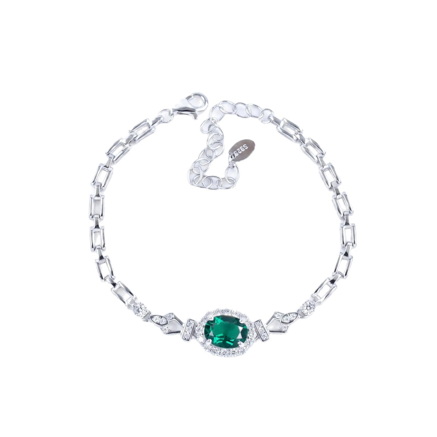 S925 Silver Oval Lab Emerald Bracelet, Full Diamond Halo - Photo 5