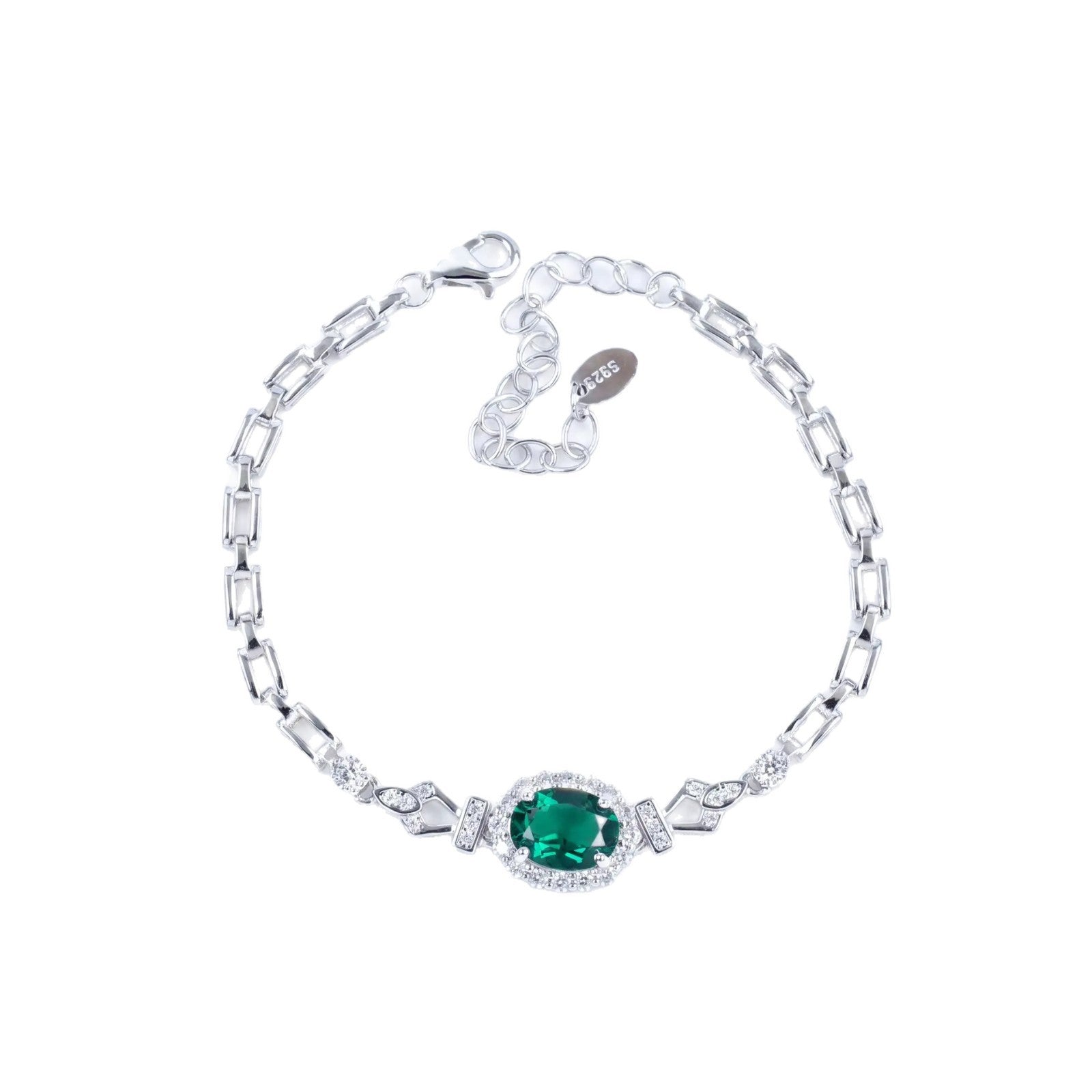 S925 Silver Oval Lab Emerald Bracelet, Full Diamond Halo - Photo 5