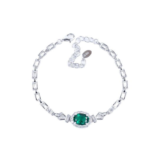 S925 Silver Oval Lab Emerald Bracelet, Full Diamond Halo - Photo 5