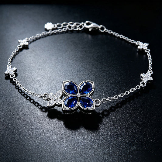 S925 Silver Four-Leaf Clover Royal Blue Sapphire Bracelet, Full Diamond Flower - Photo 3