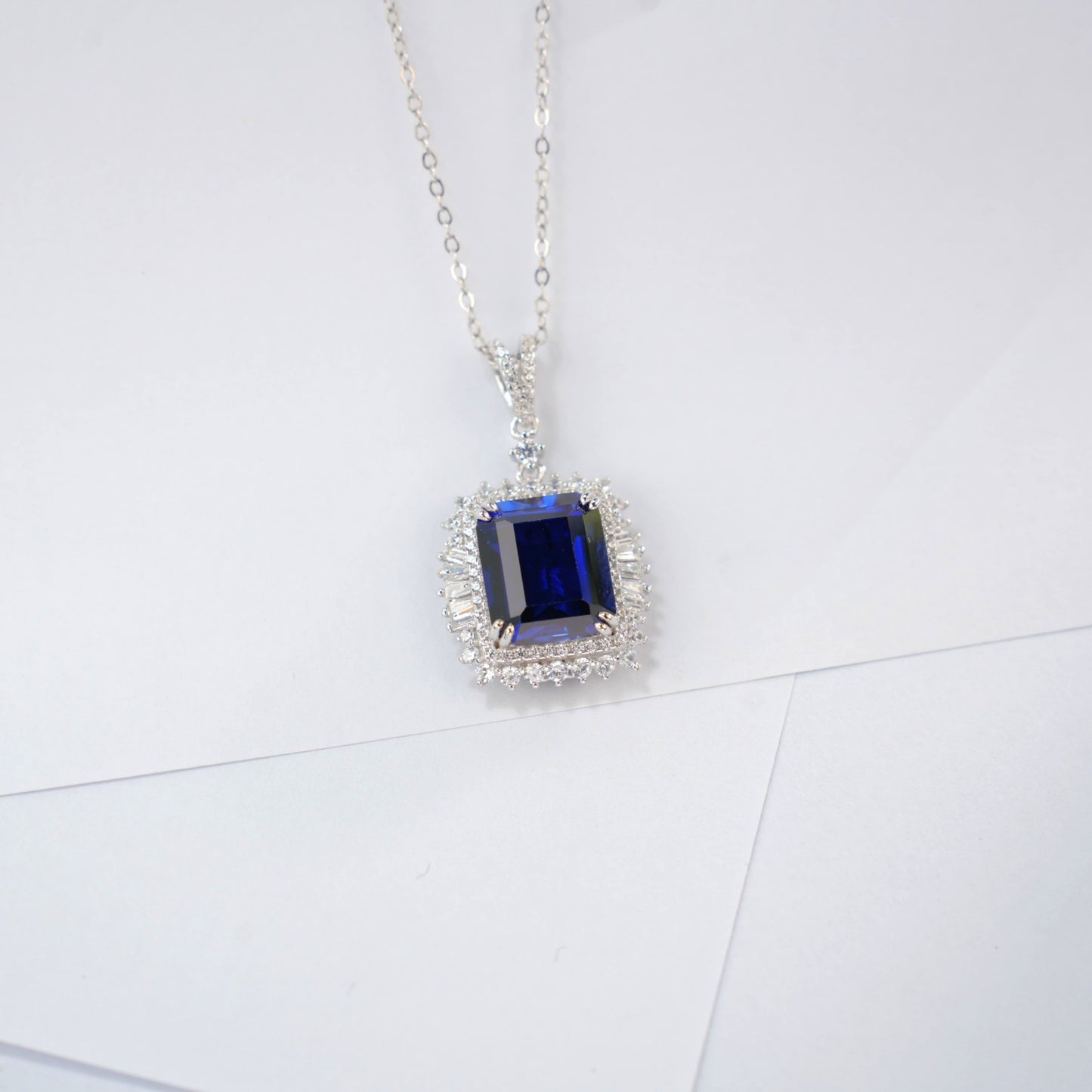 S925 Sterling Silver Lab Royal Blue Square Gemstone Pendant Choker, Premium - Photo 5