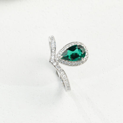 925 Sterling Silver Lab Emerald Teardrop Halo Ring, Designer V-Shape Pave - Photo 5