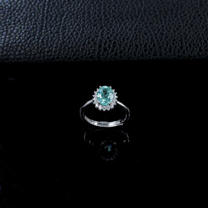 S925 Silver Oval Paraiba Tsavorite Sunflower Multi-Diamond Halo Open Ring - Photo 2