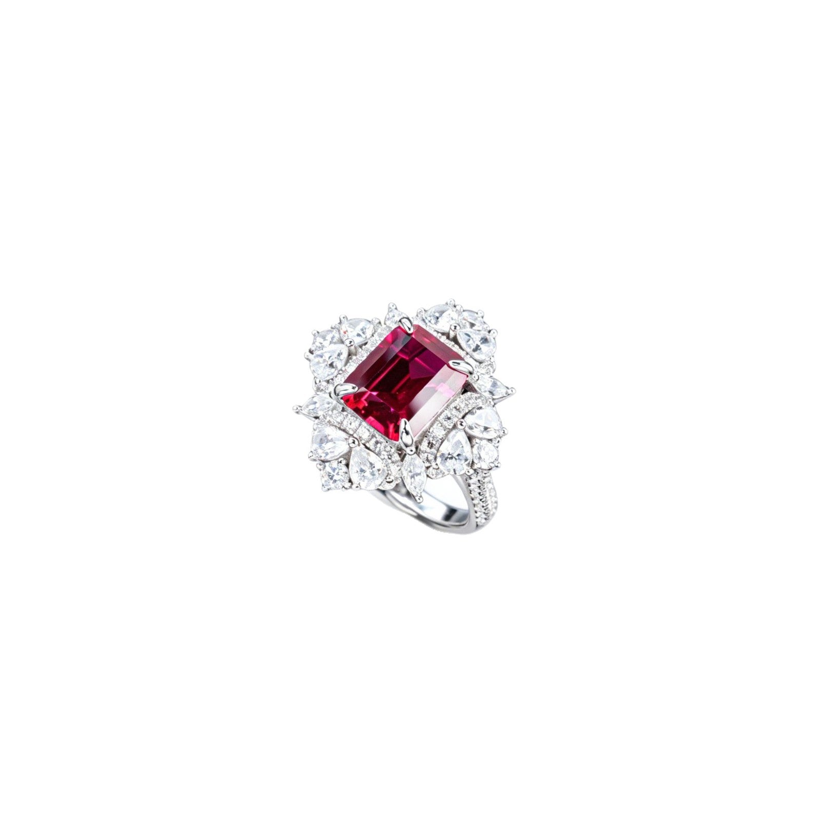 Lab Ruby Ring S925 Silver 4-Claw Diamond Flower Cluster Halo, Evening Wedding - Photo 5