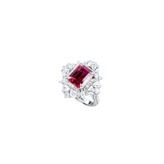 Lab Ruby Ring S925 Silver 4-Claw Diamond Flower Cluster Halo, Evening Wedding - Photo 5