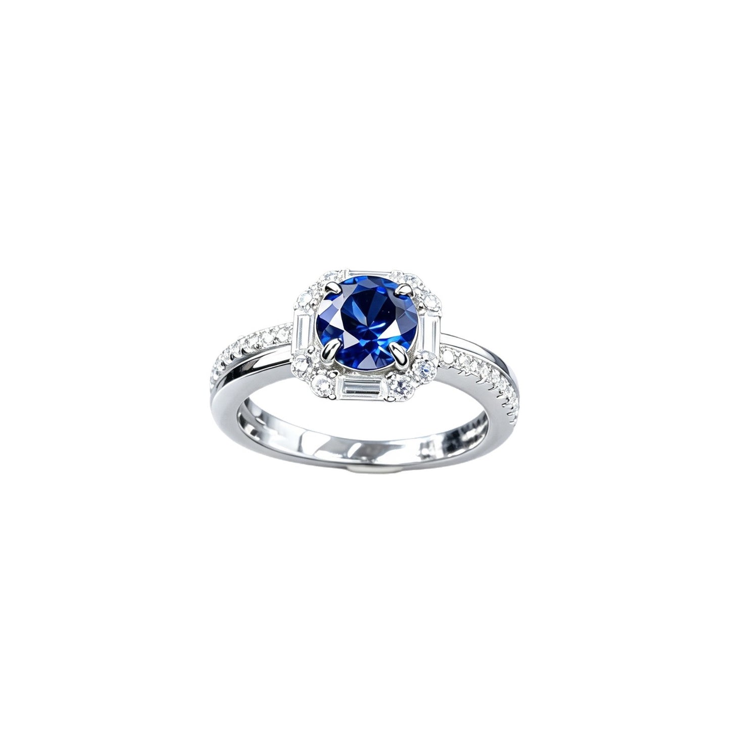 S925 Silver Lab Sapphire Ring Octagonal Step Halo Double-Side Full Diamond, Women's Engagement - Photo 5