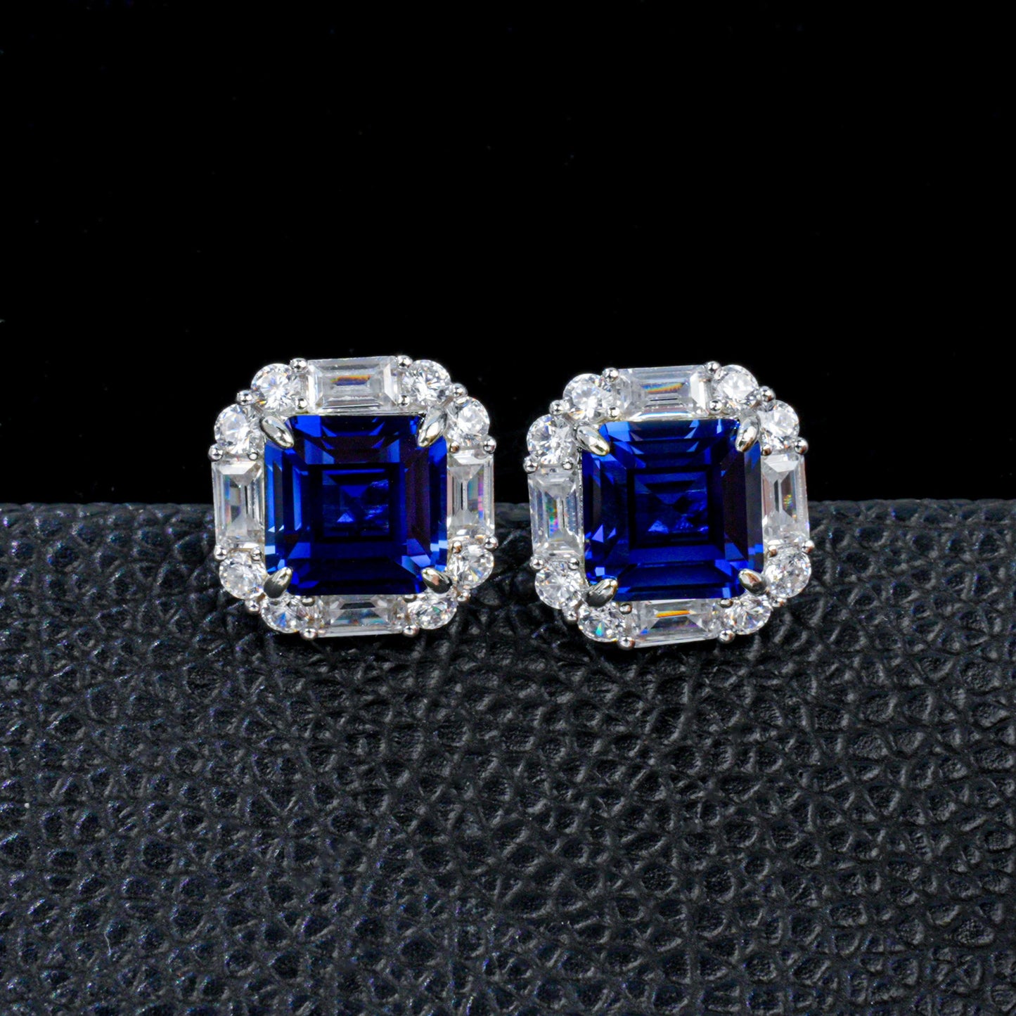S925 Silver Lab Sapphire Stud Earrings Square Double-Layer Step Diamond Halo, Date Business Evening - Photo 2