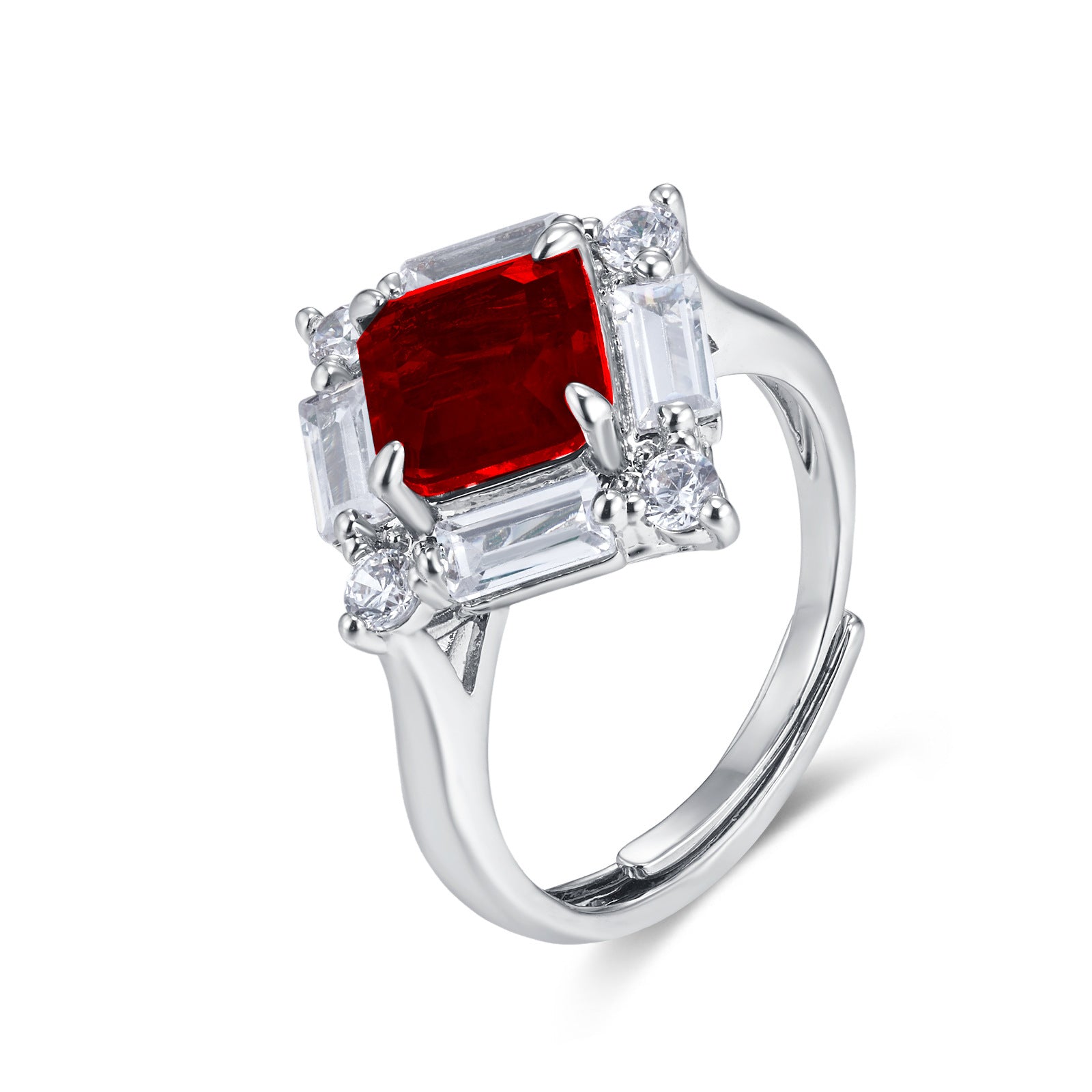 S925 Sterling Silver Lab Pigeon Blood Ruby T-Shape Pave Ring, Gift for Women - Photo 5