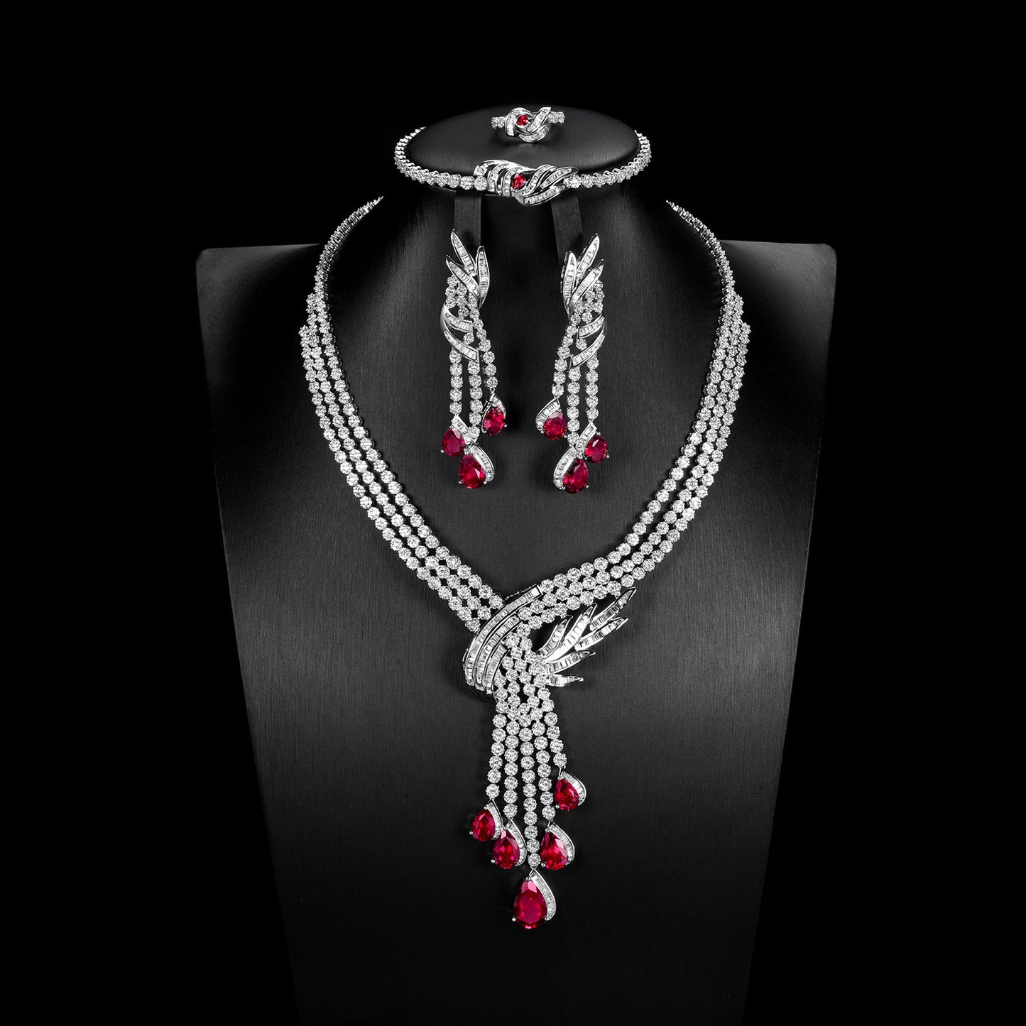 S925 Sterling Silver Lab Ruby Jewellery Set, Premium Wedding Accessory - Photo 1