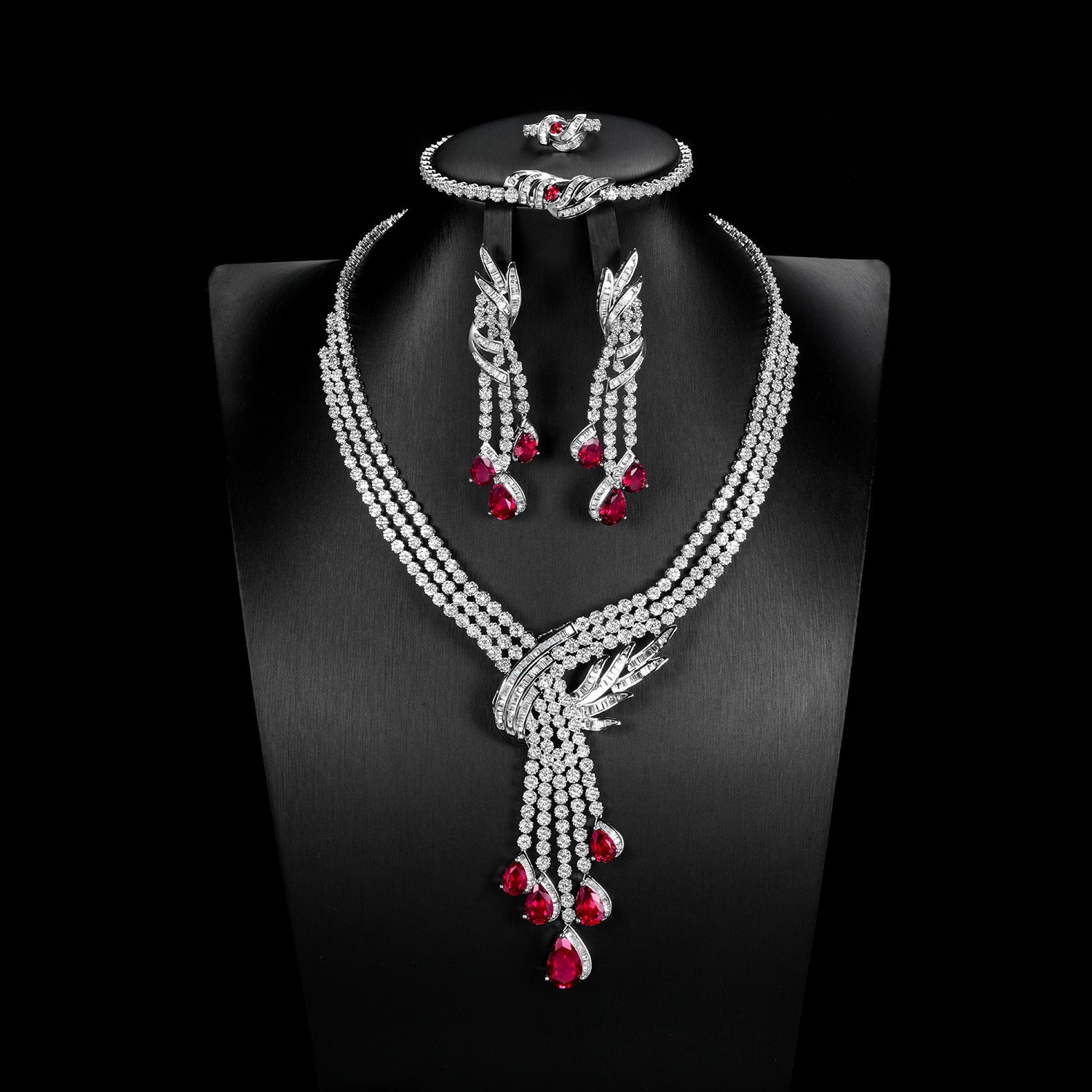 S925 Sterling Silver Lab Ruby Jewellery Set, Premium Wedding Accessory - Photo 1