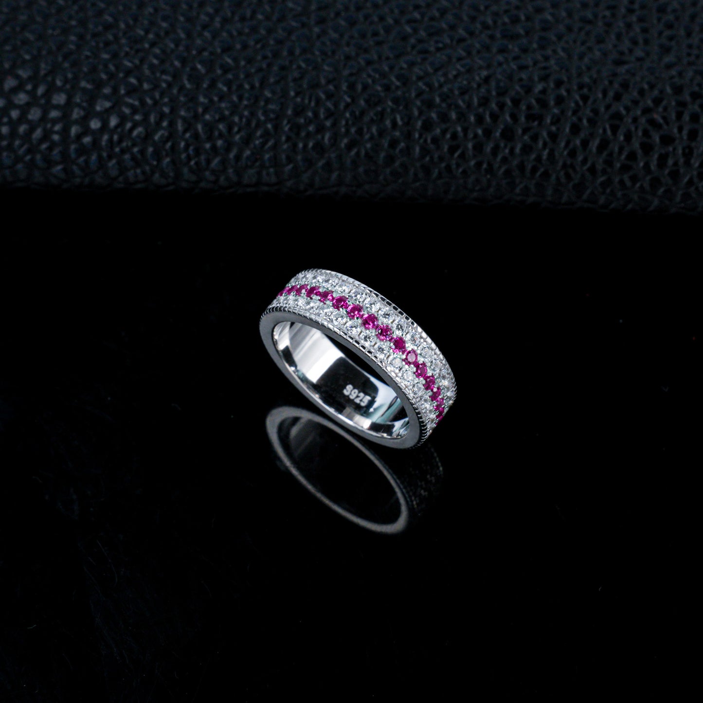 Lab Ruby Eternity Band S925 Silver Wide Full Double-Side Dense-Set, Couple - Photo 4