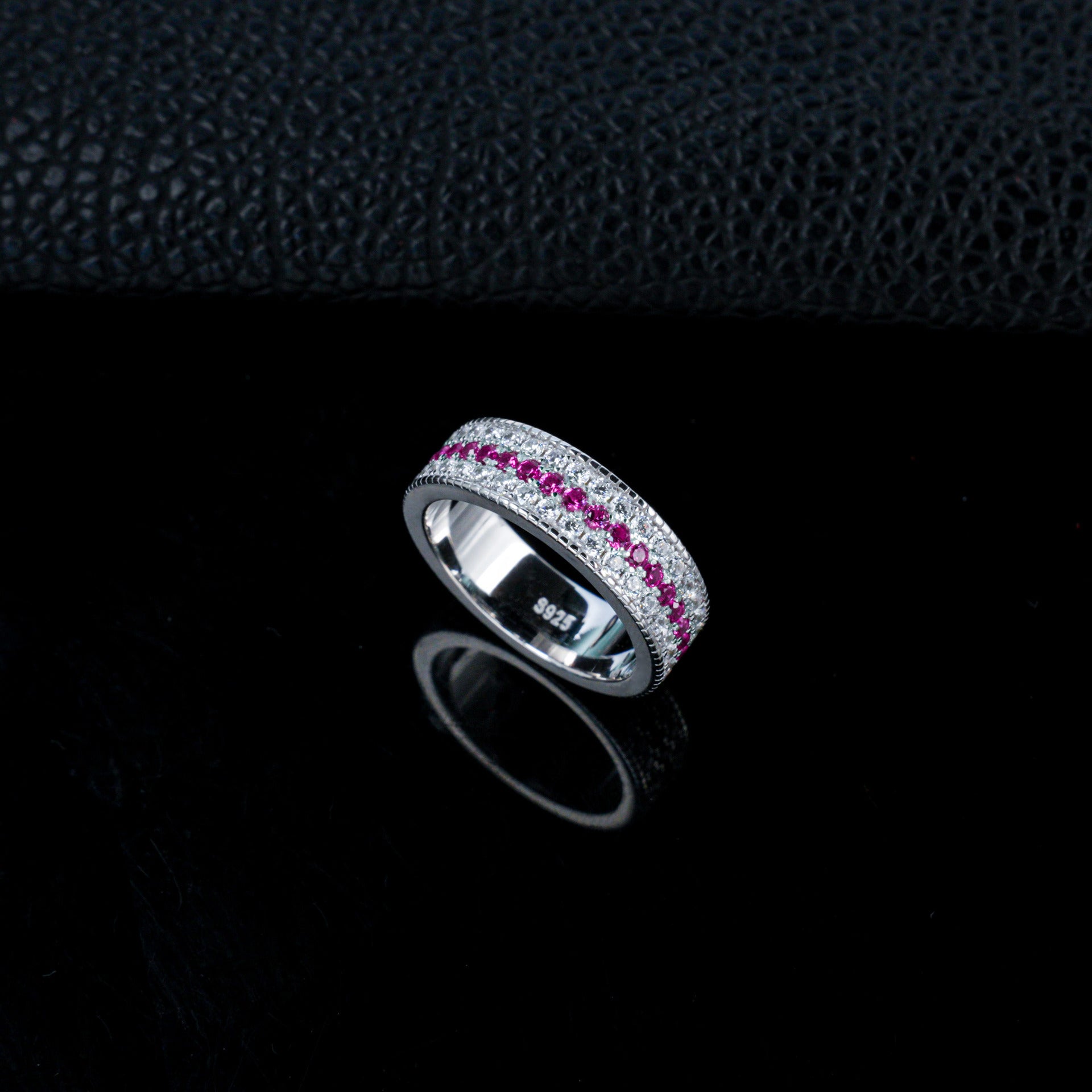 Lab Ruby Eternity Band S925 Silver Wide Full Double-Side Dense-Set, Couple - Photo 4