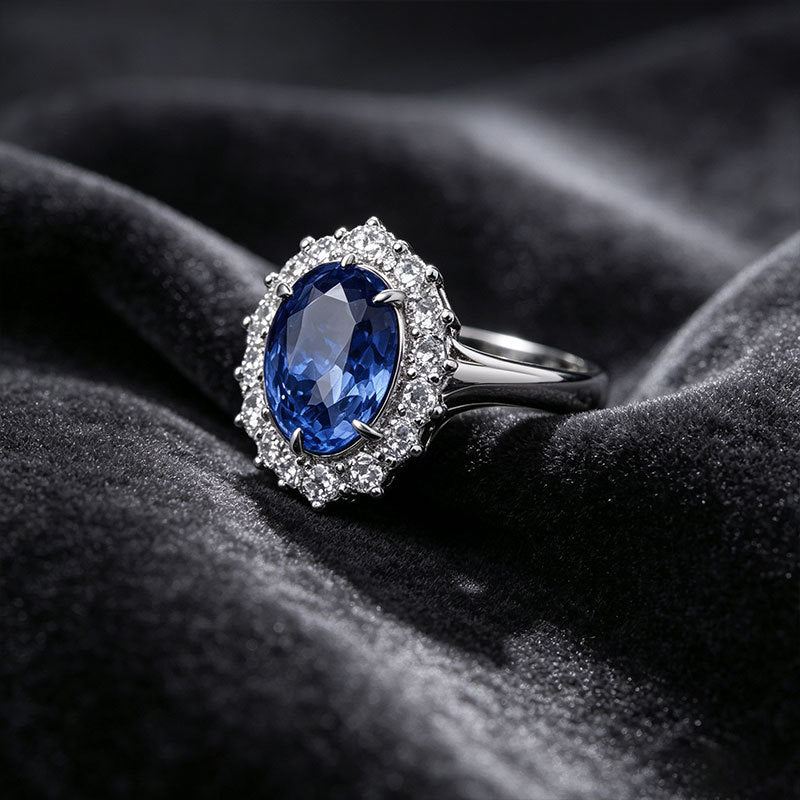 S925 Silver Oval Lab Sapphire Sunflower Staggered Halo Ring, Birthday Anniversary Gift - Photo 4
