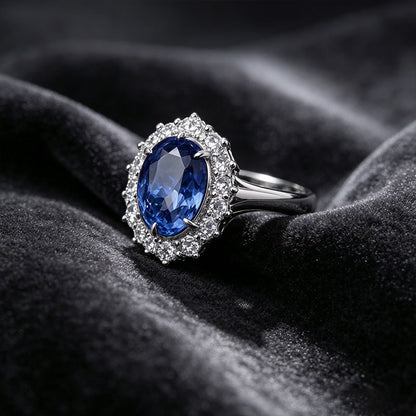 S925 Silver Oval Lab Sapphire Sunflower Staggered Halo Ring, Birthday Anniversary Gift - Photo 4