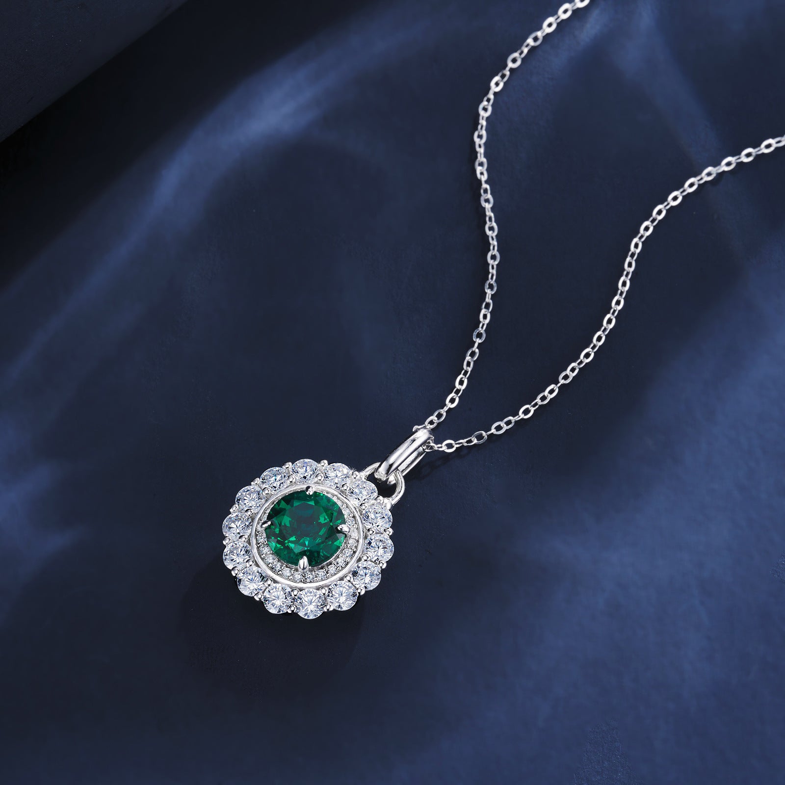 S925 Sterling Silver Lab Emerald French Halo Pendant Choker, Delicate Premium - Photo 2