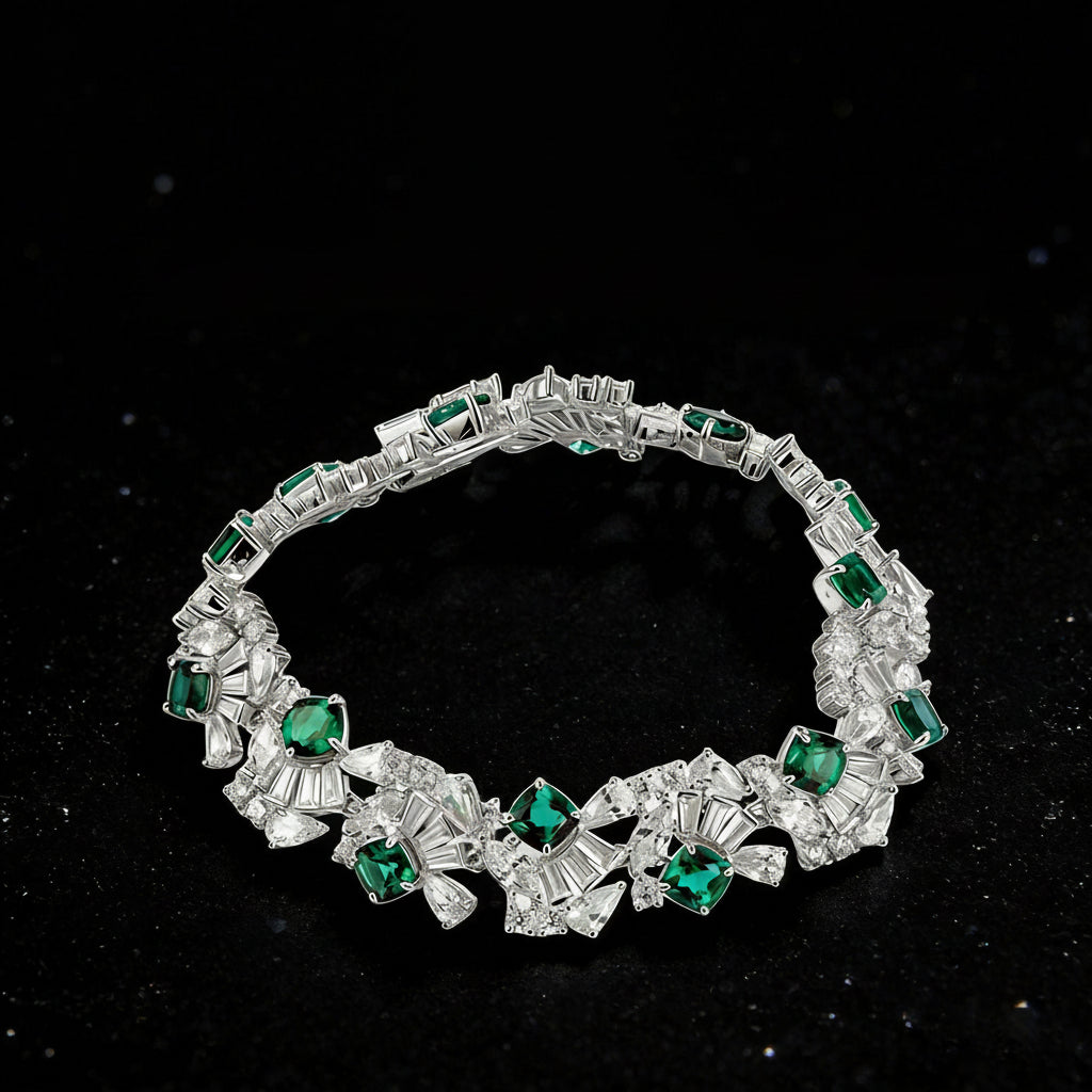 S925 Sterling Silver Lab Emerald Bracelet for Women, Sparkly - Photo 1