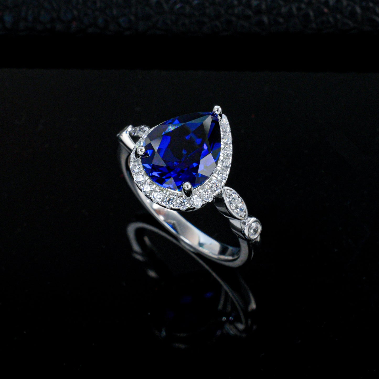 Teardrop Royal Blue Sapphire Ring 925 Silver Diamond Design, Premium Proposal Engagement - Photo 6