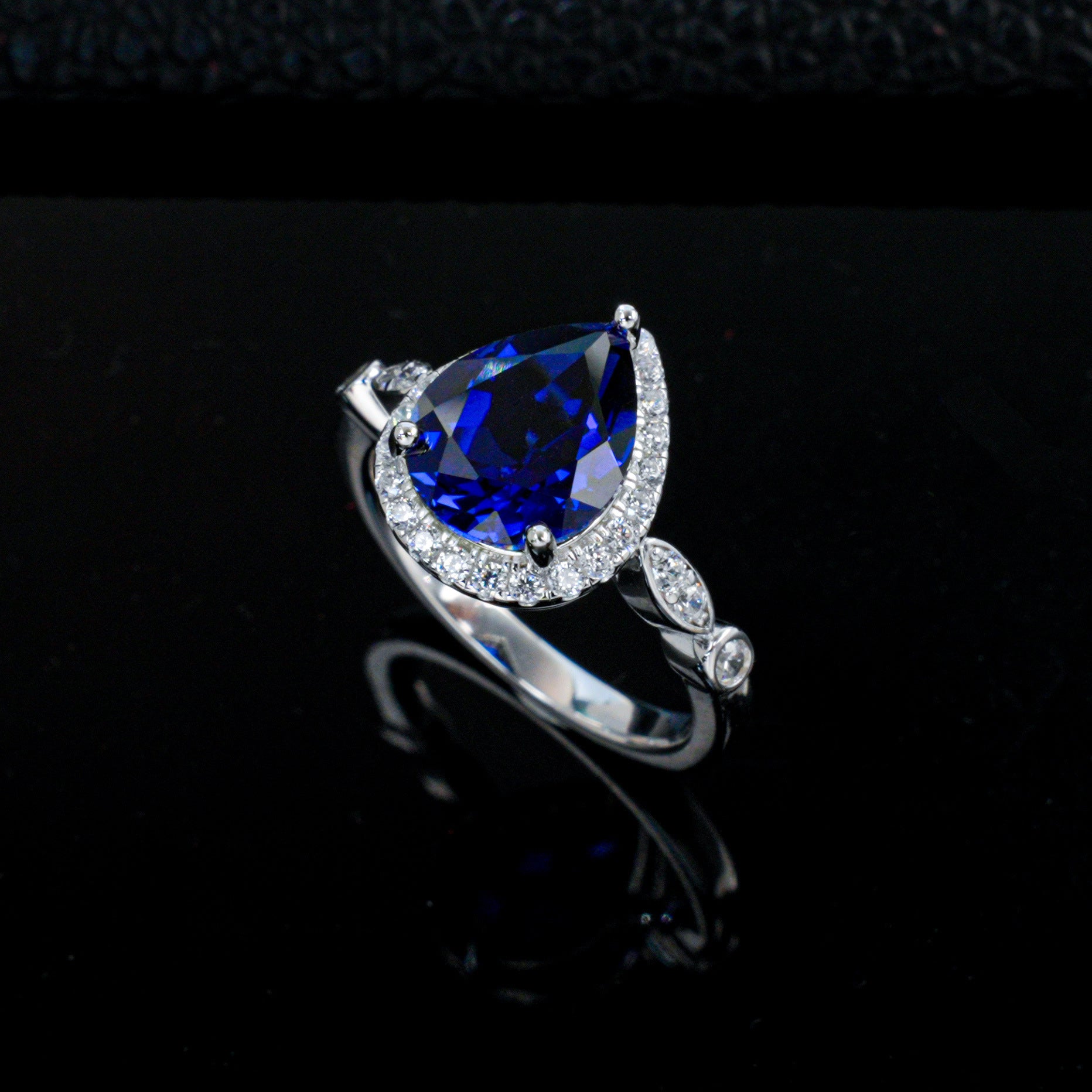 Teardrop Royal Blue Sapphire Ring 925 Silver Diamond Design, Premium Proposal Engagement - Photo 6