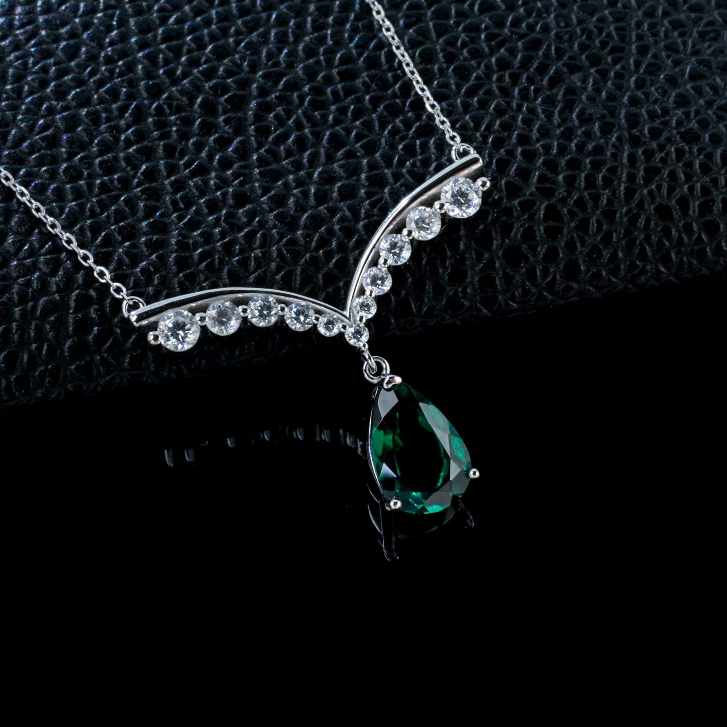 S925 Silver V-Shape Lab Emerald Teardrop Pendant Necklace, Necklace Birthday Anniversary - Photo 2