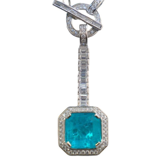 S925 Sterling Silver Paraiba Square Gemstone Pave Halo Pendant Necklace, Premium Versatile for Women - Photo 5