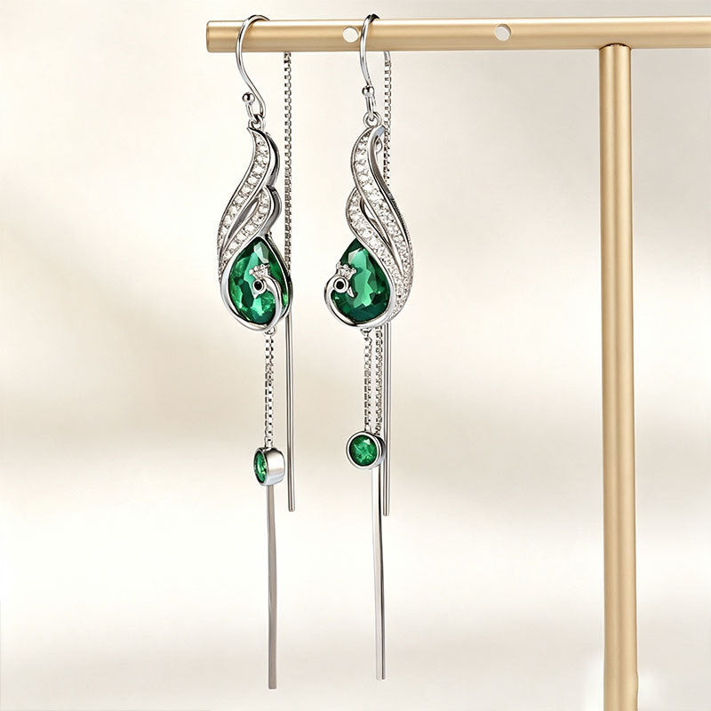 S925 Silver Phoenix Long Tassel Teardrop Lab Emerald Drop Earrings, Vintage Style - Photo 3