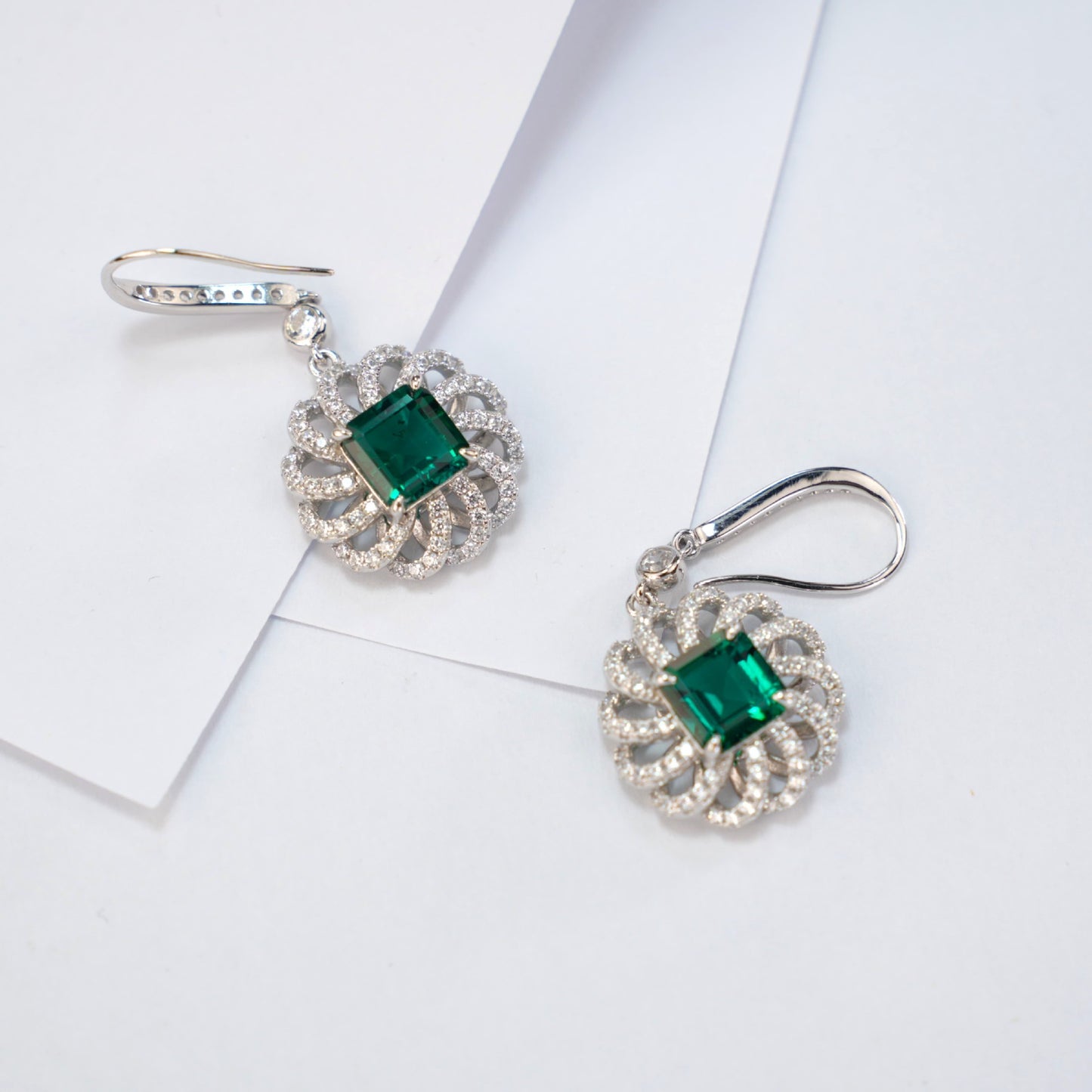 S925 Sterling Silver Lab Emerald Square Sunflower Halo Long Earrings, for Women - Photo 3