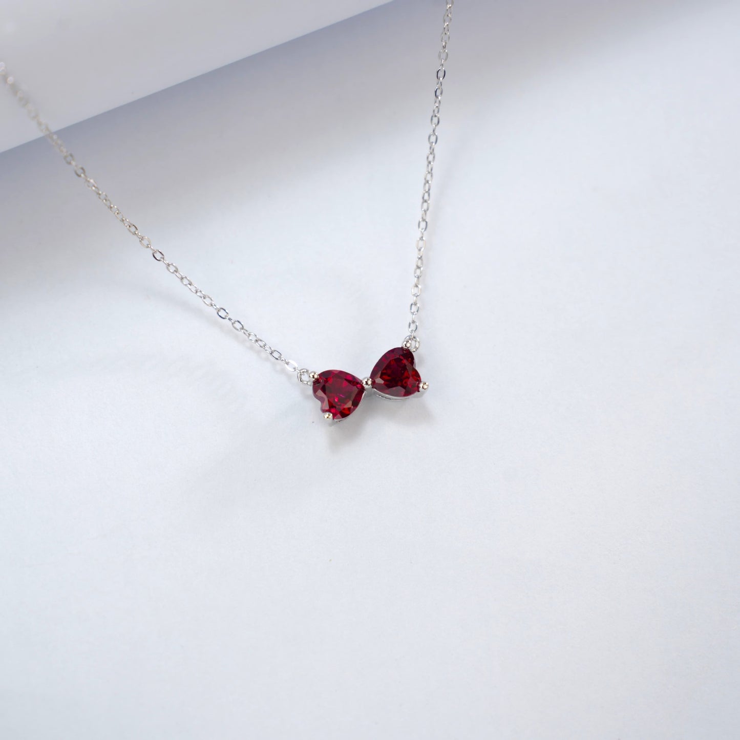 S925 Silver Double Heart Bow Lab Ruby Necklace, Pendant Birthday Gift - Photo 2