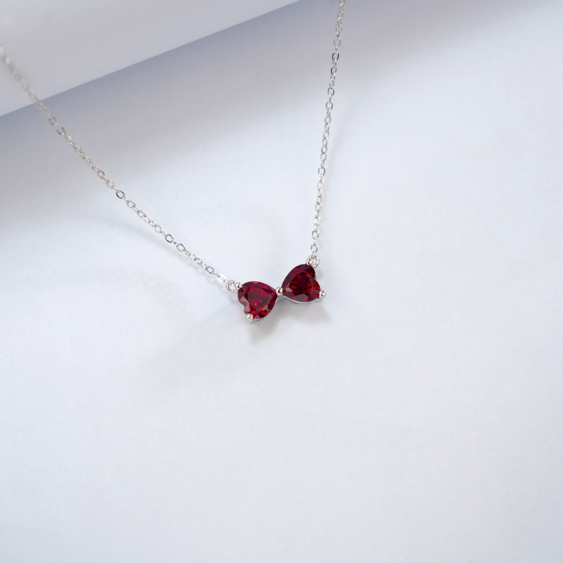 S925 Silver Double Heart Bow Lab Ruby Necklace, Pendant Birthday Gift - Photo 2