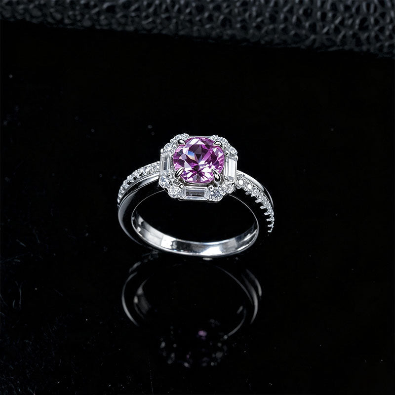 S925 Silver Lab Padparadscha Pink Sapphire Ring Square Full Diamond - Photo 3