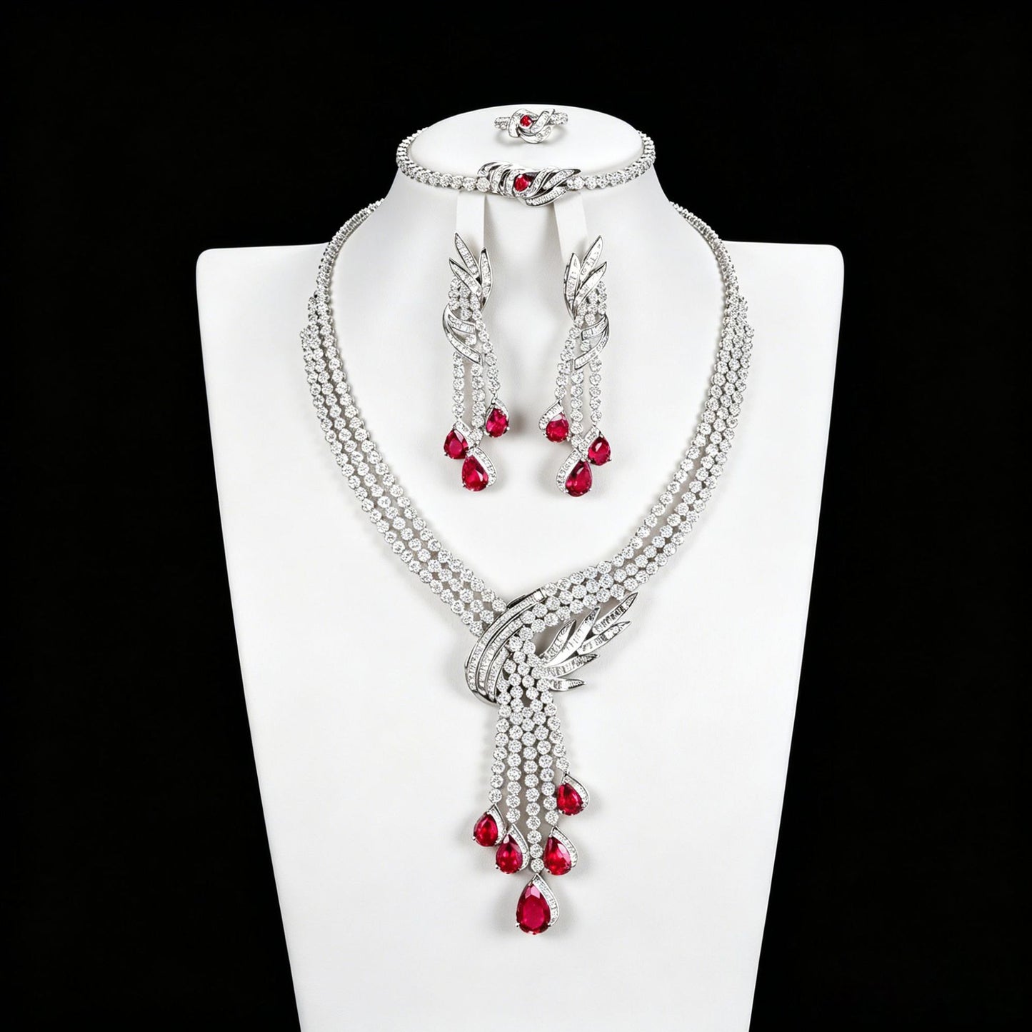 S925 Sterling Silver Lab Ruby Jewellery Set, Premium Wedding Accessory - Photo 4