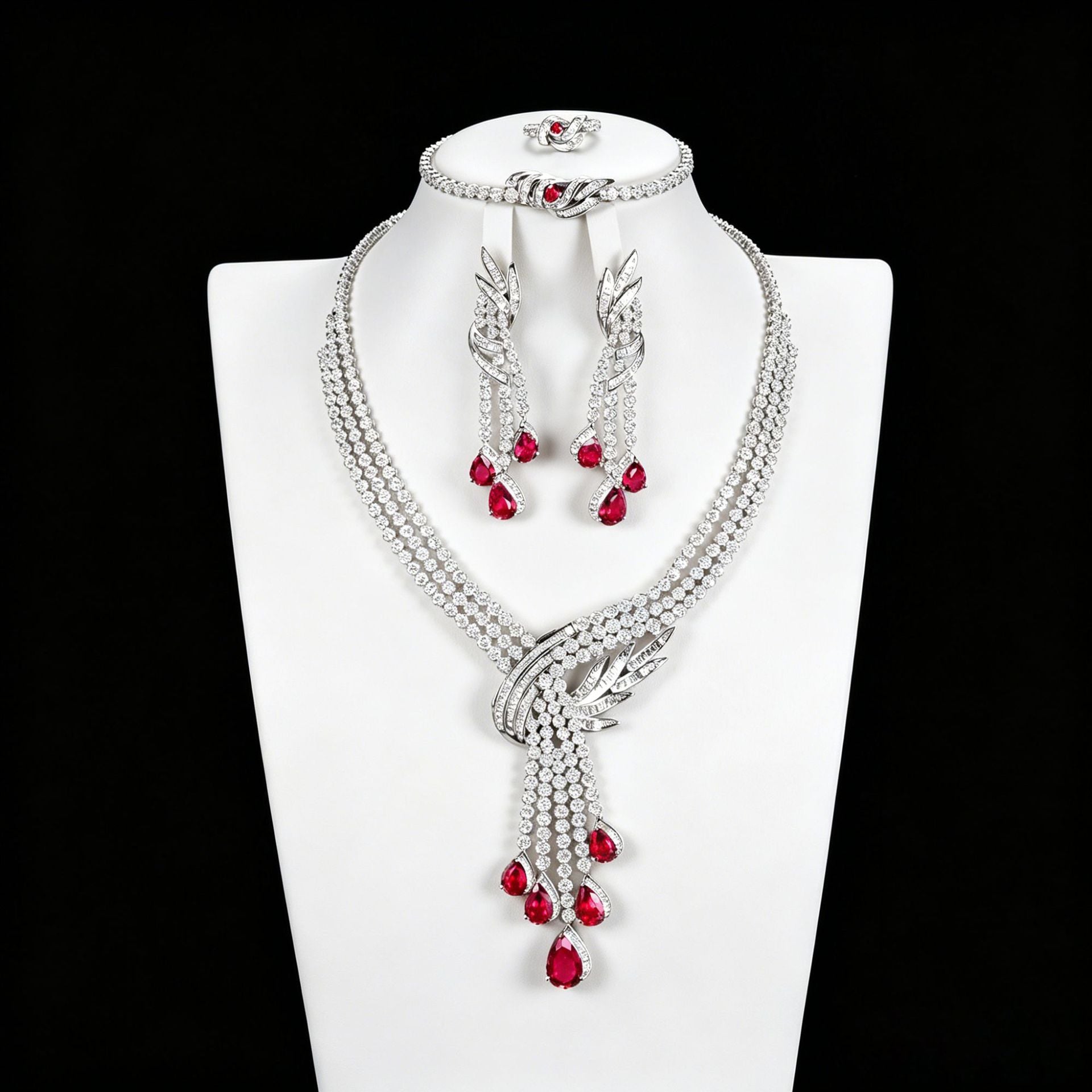 S925 Sterling Silver Lab Ruby Jewellery Set, Premium Wedding Accessory - Photo 4