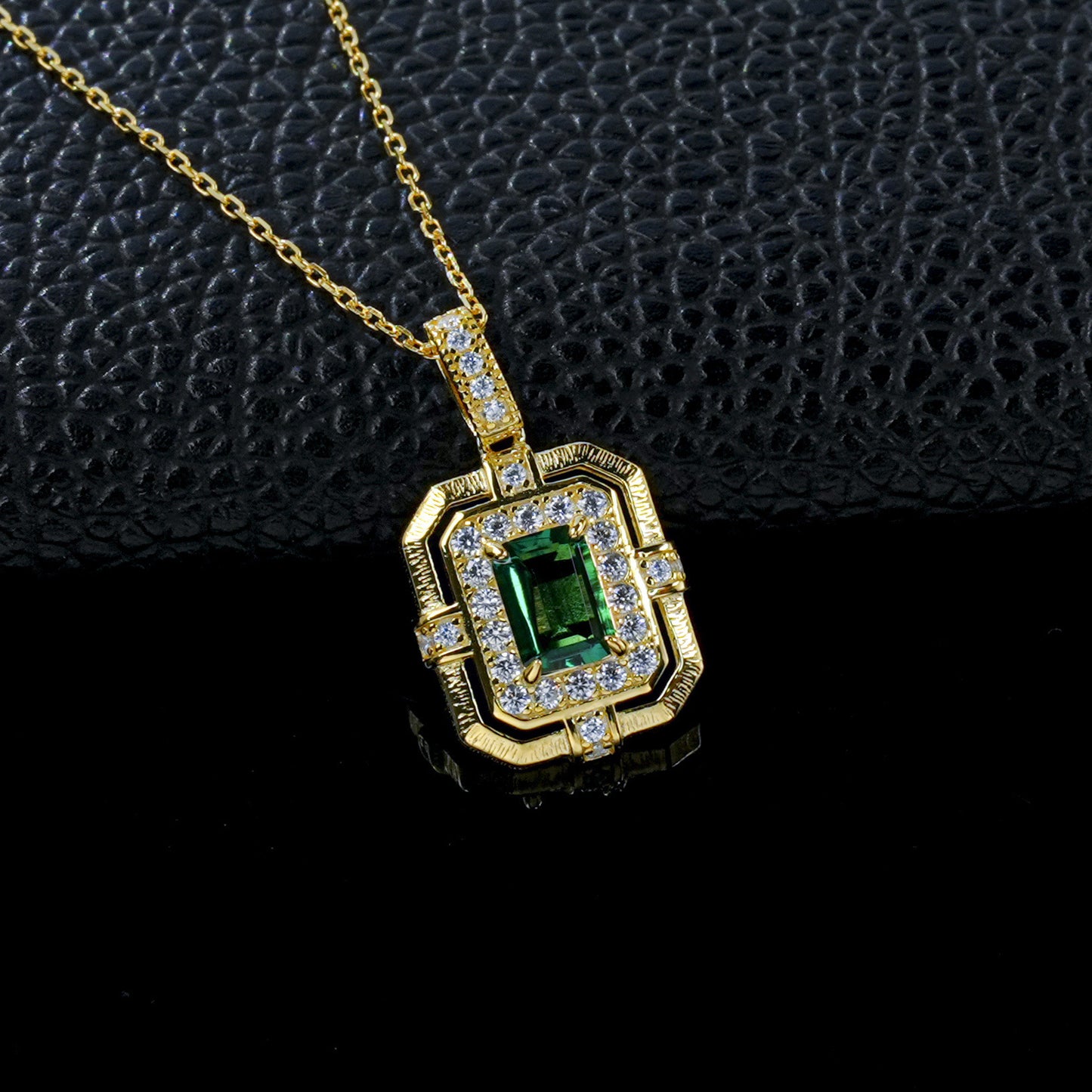 Vintage 925 Silver Step-Cut Emerald Full Diamond Halo Necklace, Evening Gift - Photo 6