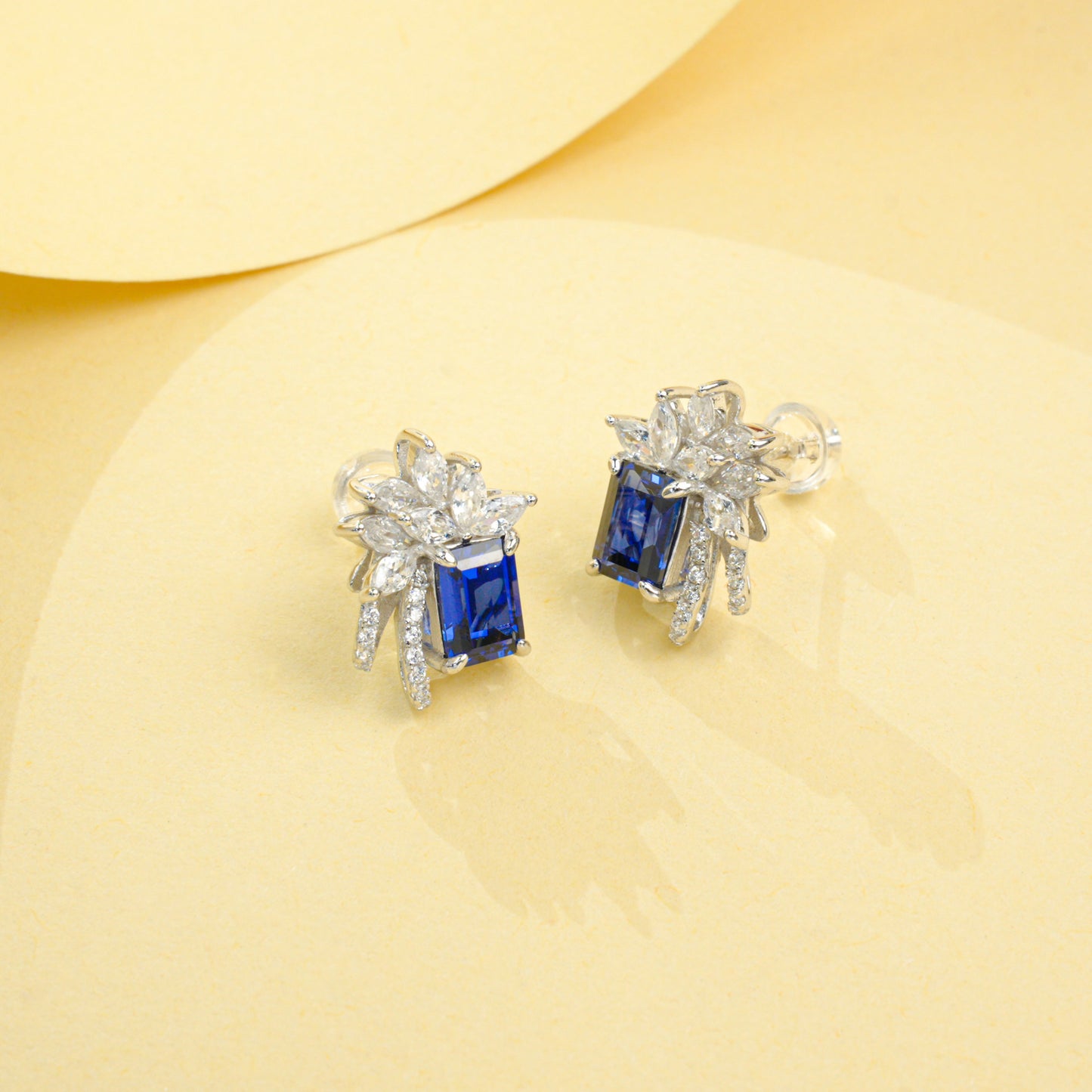 925 Sterling Silver Lab Sapphire Wing & Leaf Halo Earrings, Emerald-Cut - Photo 3
