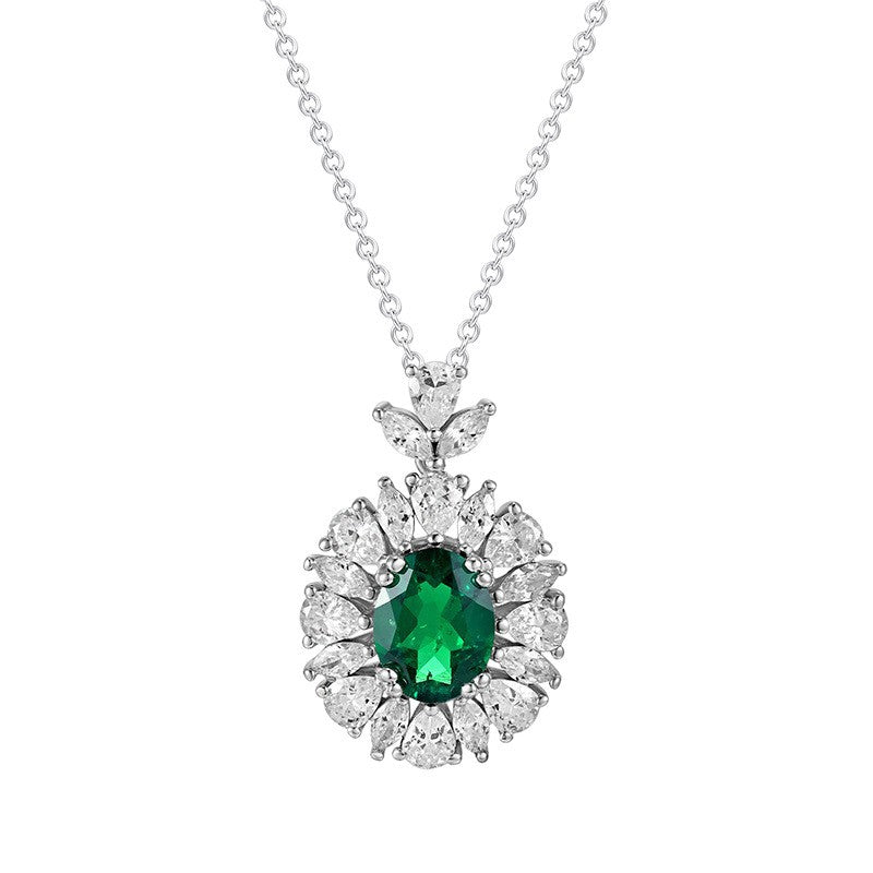 S925 Sterling Silver Oval Emerald Pendant Necklace Halo, Versatile Premium - Photo 5