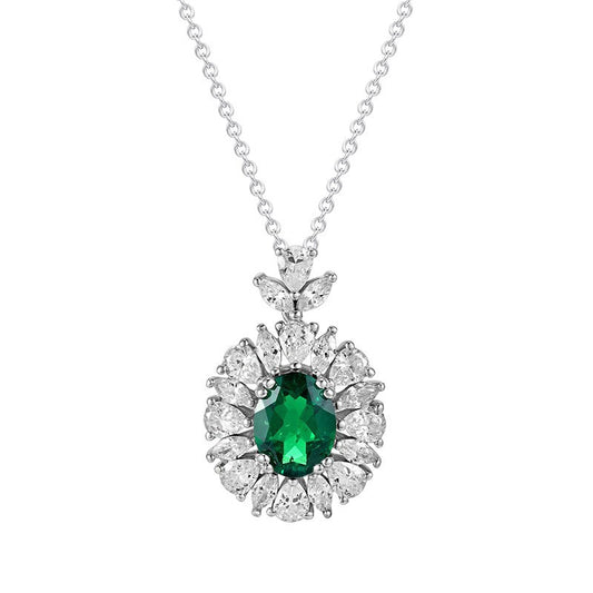 S925 Sterling Silver Oval Emerald Pendant Necklace Halo, Versatile Premium - Photo 5
