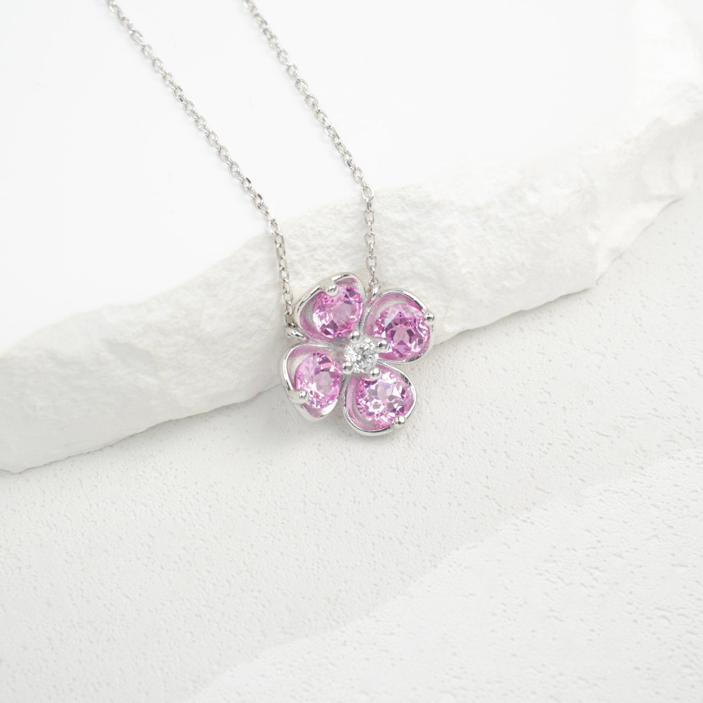 Fresh Four-Leaf Clover Padparadscha Pink Sapphire Pendant Necklace, Girly Valentines Birthday - Photo 2