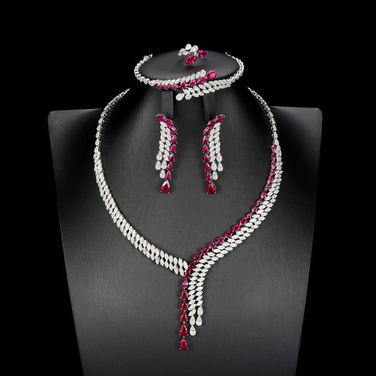 S925 Sterling Silver Lab Pigeon Blood Ruby 4-Piece Jewellery Set, Luxurious Premium for Women - Photo 4