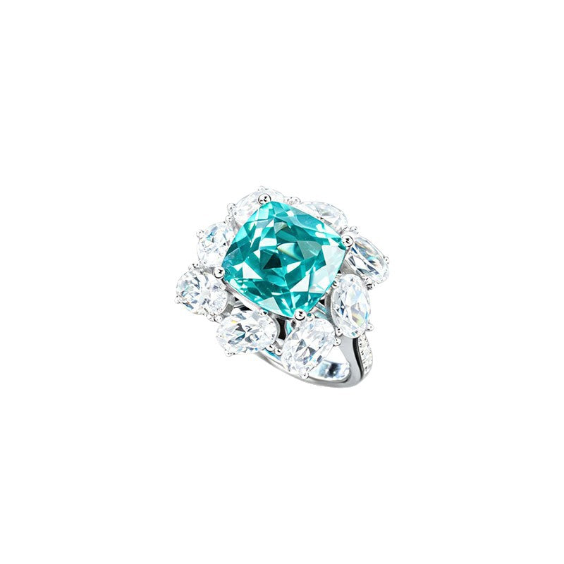 S925 Silver Square Lab Paraiba Tsavorite Pear Diamond Halo Ring, Evening - Photo 5