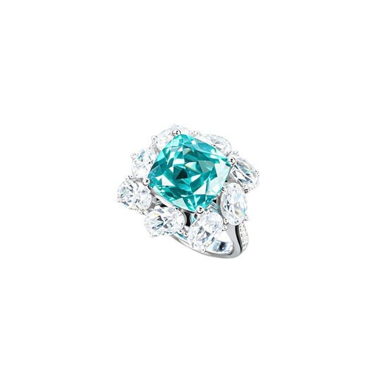 S925 Silver Square Lab Paraiba Tsavorite Pear Diamond Halo Ring, Evening - Photo 5