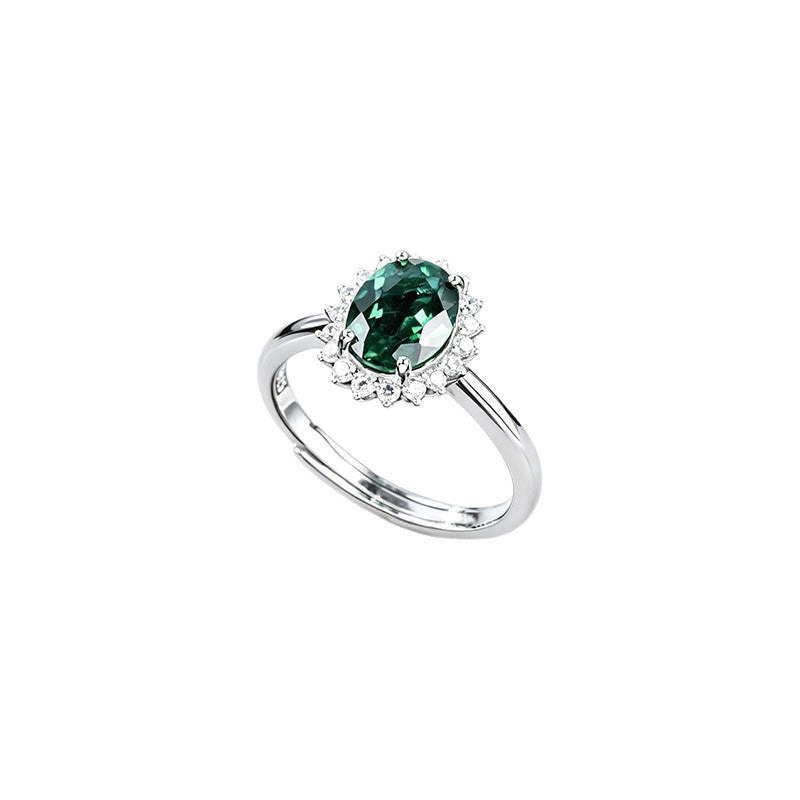 S925 Silver Oval Emerald Open Ring, Classic Halo Design - Photo 5
