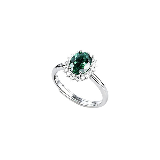 S925 Silver Oval Emerald Open Ring, Classic Halo Design - Photo 5