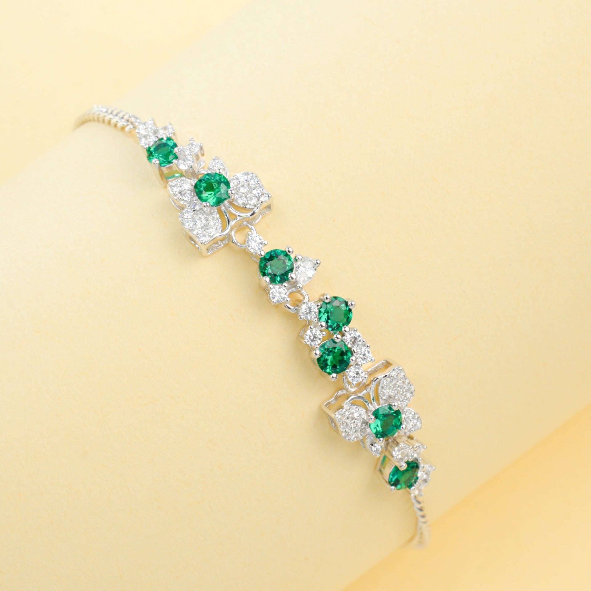 S925 Silver Floral Emerald Bracelet, Vintage Evening Wedding - Photo 2