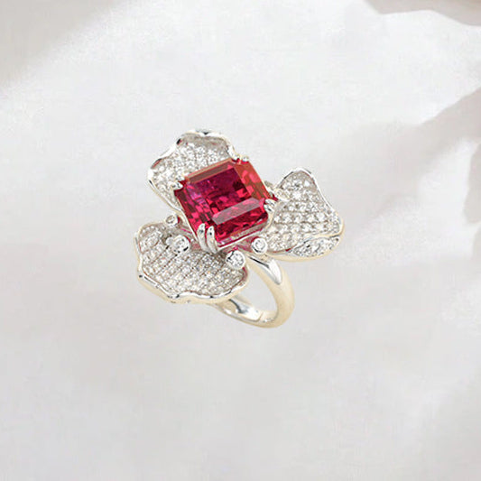 925 Sterling Silver Lab Ruby Square Three-Petal Ring, Premium Designer - Photo 1